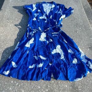 NINE WEST Royal Blue White Abstract Floral Button Front Short Sleeve Shirt Dress